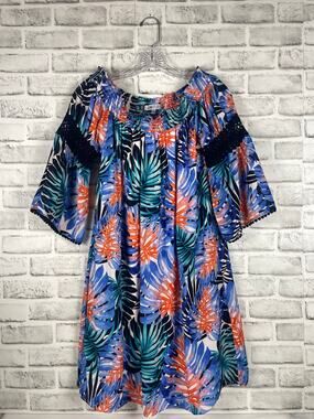 Jennifer Lopez Floral Dress Small Blue Orange Palm Leaf Off Shoulder Crochet